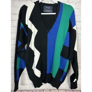 Vintage Pringle geometric 80's‎ long sleeve V-neck cotton sweater, sz M